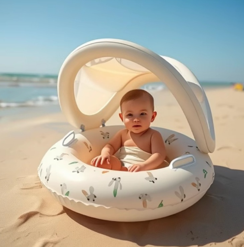 Wavejoy Thickened Baby Swim Seat Float with Safety Handles - Infant Pool Ring with Canopy