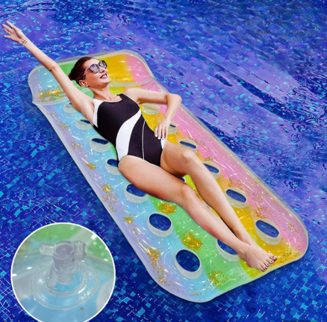 Wavejoy Rainbow Glitter Inflatable Pool Mat with Pillow - Sparkling Water Lounge for Fun