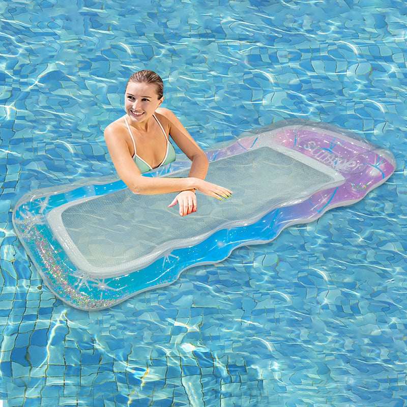 Wavejoy Transparent Rainbow Wavy Pool Mat with Pillow - Inflatable Water Lounger for Relaxation
