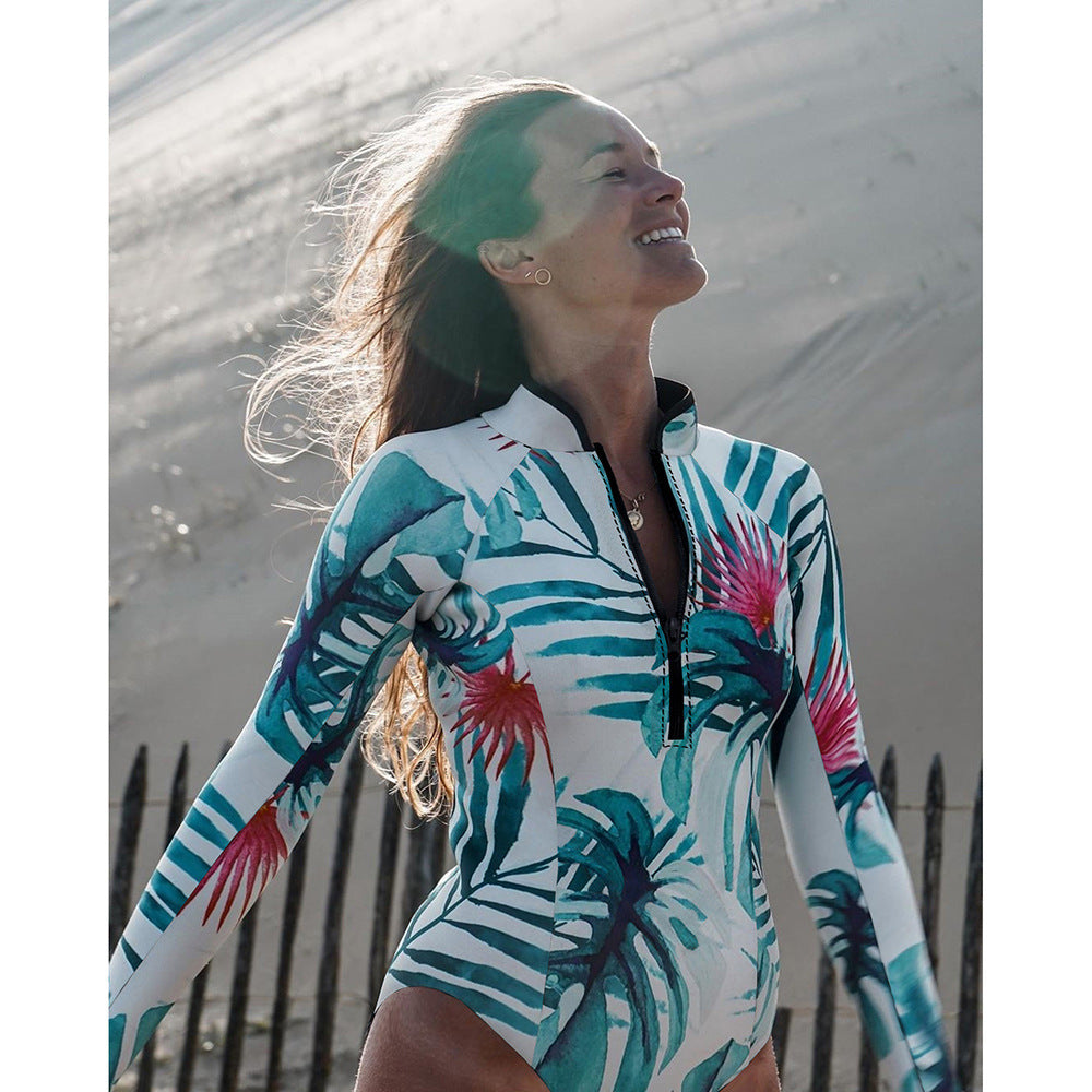 Women's Long Sleeve Printed One-piece Swimsuit | Skinny Fit Zipper Swimsuit | Sun & Surf Spa Swimsuit