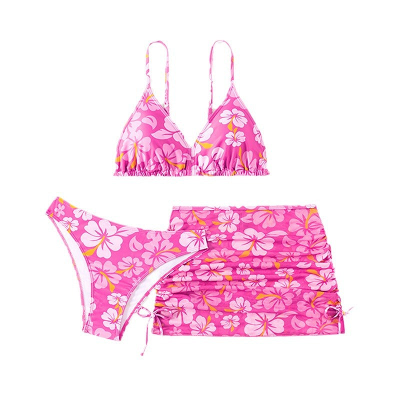 Girls' Fresh Cherry Blossom 3 Piece Swimsuit | Kids' Separate Bikinis | Beach Resort Skirt Swimsuits