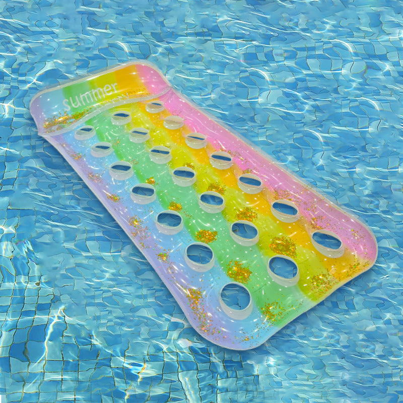 Wavejoy Rainbow Glitter Inflatable Pool Mat with Pillow - Sparkling Water Lounge for Fun