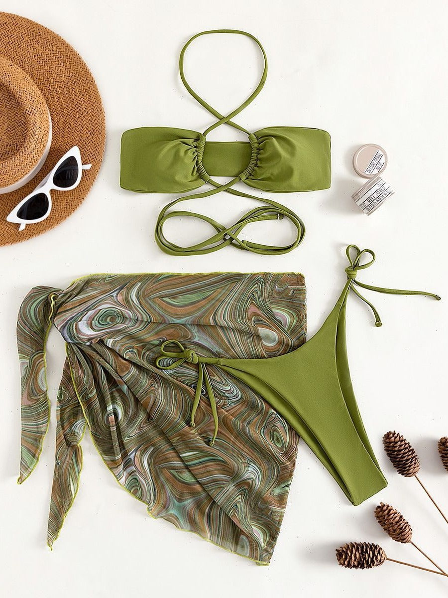 Sexy Solid Color Tie Bikini Set | Swimwear Coveralls Beachwear | Vacation Split Swimwear for Women