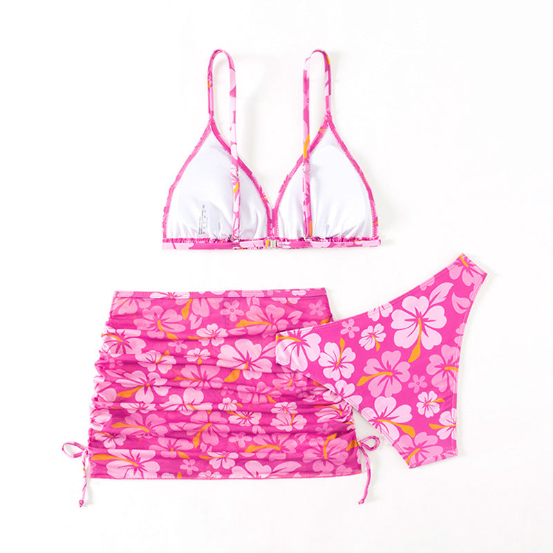 Girls' Fresh Cherry Blossom 3 Piece Swimsuit | Kids' Separate Bikinis | Beach Resort Skirt Swimsuits