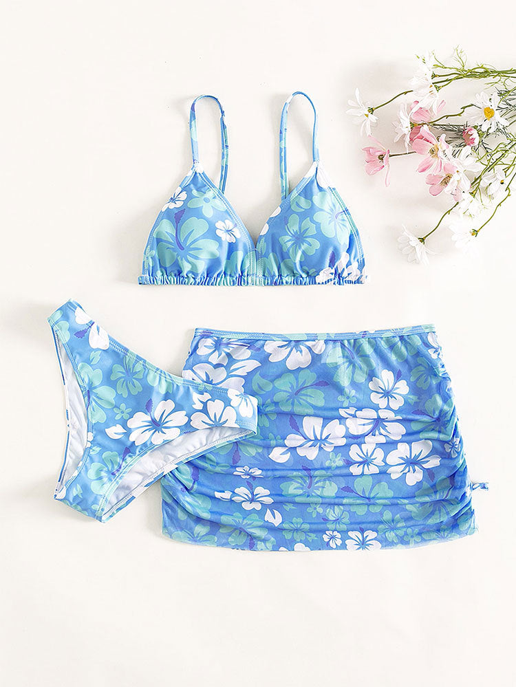 Girls' Fresh Cherry Blossom 3 Piece Swimsuit | Kids' Separate Bikinis | Beach Resort Skirt Swimsuits