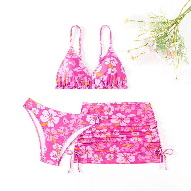 Girls' Fresh Cherry Blossom 3 Piece Swimsuit | Kids' Separate Bikinis | Beach Resort Skirt Swimsuits