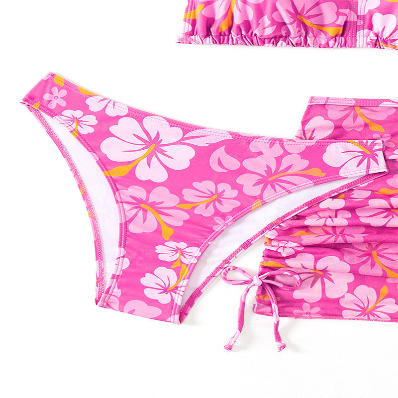 Girls' Fresh Cherry Blossom 3 Piece Swimsuit | Kids' Separate Bikinis | Beach Resort Skirt Swimsuits