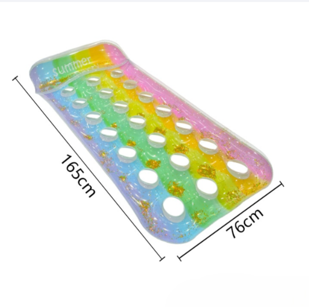 Wavejoy Rainbow Glitter Inflatable Pool Mat with Pillow - Sparkling Water Lounge for Fun