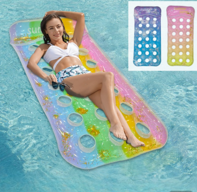 Wavejoy Rainbow Glitter Inflatable Pool Mat with Pillow - Sparkling Water Lounge for Fun