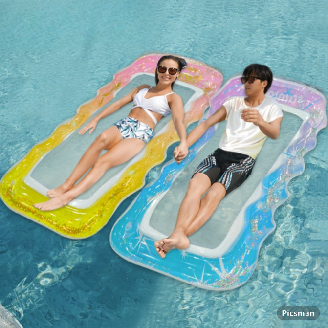Wavejoy Transparent Rainbow Wavy Pool Mat with Pillow - Inflatable Water Lounger for Relaxation